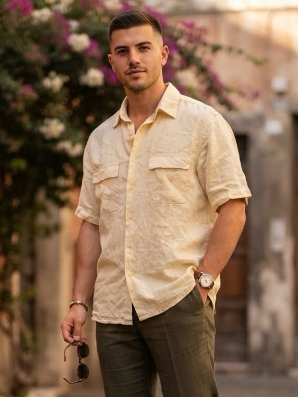Bruno Washable 100% Linen Short Sleeve Button-Down Shirt Yellow Cream Beige L